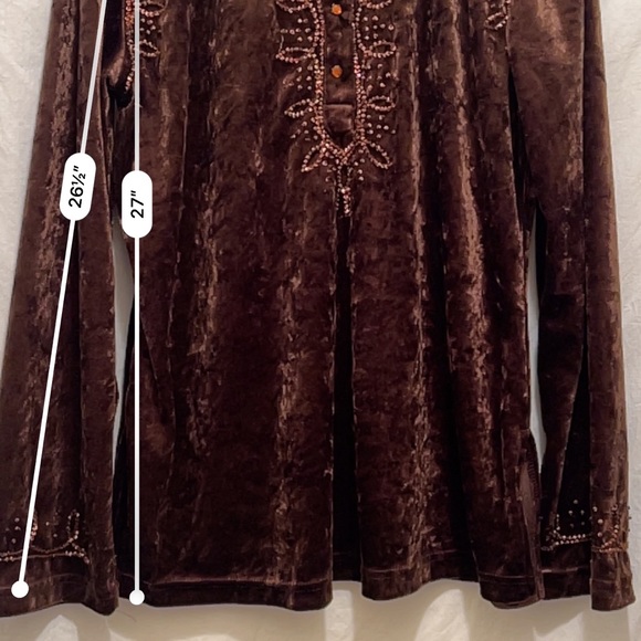 Women’s Brown Velvet Demi Large Long Sleeve Tunic w/ Embroidered Button Down Frt - Picture 5 of 7
